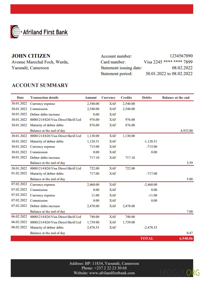 Cameroun Relevé bancaire Afriland First
